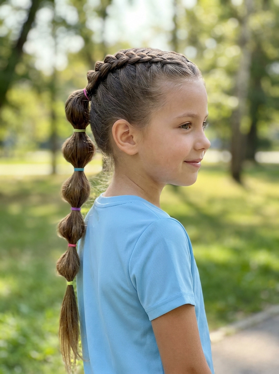 Geflochtene Ponytail-Bubbles als Flechtfrisuren für Kinder Inspiration 2026
